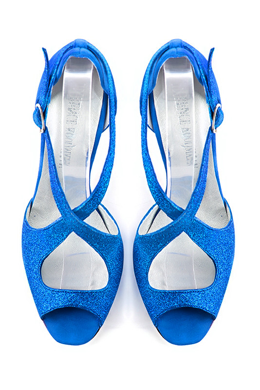 Electric blue women's closed back sandals, with crossed straps. Round toe. Very high slim heel. Top view - Florence KOOIJMAN